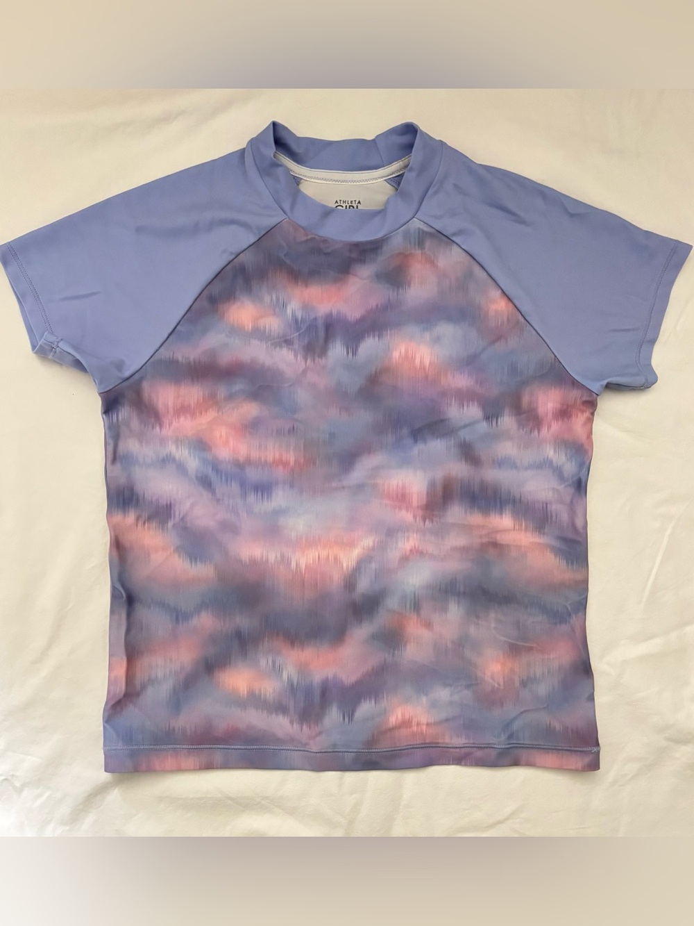 Athleta Kids Lavender and Pink Cloud Print Short Sleeve Rash Guard
